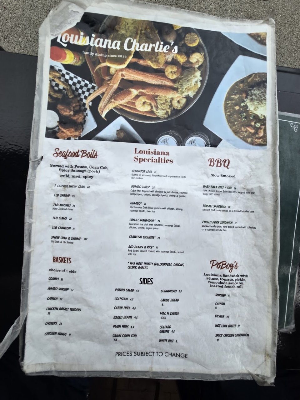 Cajun dishes listed on a menu