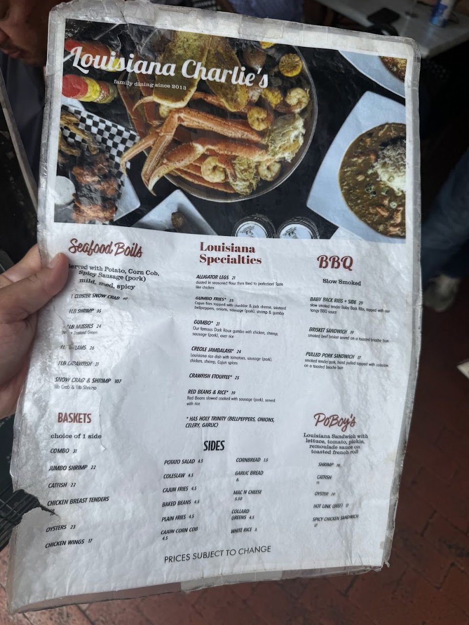 Restaurant menu with seafood boil options