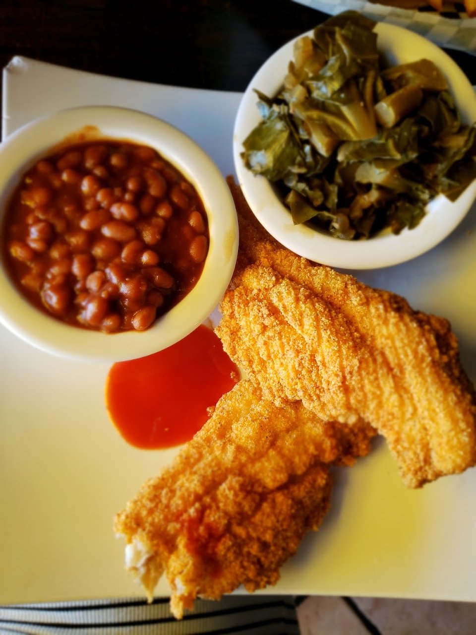 Fried Catfish Baked Beans and Collard Greens